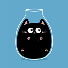 Black cat in a vase. Glass jar. Cute cartoon kawaii baby character. Funny fat kitten. Big eyes, moustaches. Pink paw print. Big eyes. Happy Valentines Day. Flat design. Blue background. Isolated.