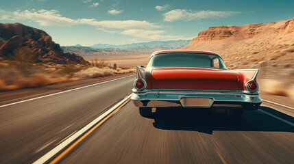 Classic retro vintage American car driving on highway at sunset - obrazy, fototapety, plakaty