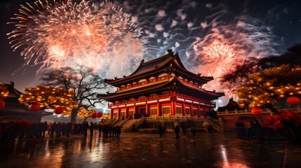 Fototapeta premium An awe-inspiring display of fireworks lighting up the night sky, signifying the grandeur and jubilation of Chinese New Year festivities.