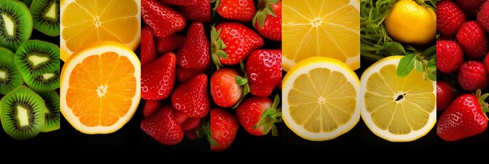 Healthy food backgrounds, five images of lemons, blueberries, raspberries, salad and oranges...