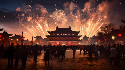 Zelfklevend Fotobehang An awe-inspiring display of fireworks lighting up the night sky, signifying the grandeur and jubilation of Chinese New Year festivities. © CanvasPixelDreams