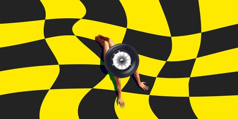 Woman with car wheel on head over abstract yellow blue background. Car racing. Contemporary art...
