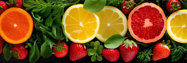 Healthy food backgrounds, five images of lemons, blueberries, raspberries, salad and oranges panoramic