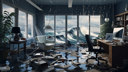 Generative AI illustration of home office flooded by water