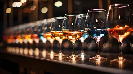 Fotobehang Filled wine glasses on a wooden bar with a blurred restaurant background © Alex Bur