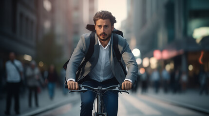 Businessmen who go to work by cycling on city streets in the morning for good health. and reduce...