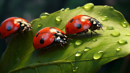 Obraz premium Ladybug on a leaf with dew drops