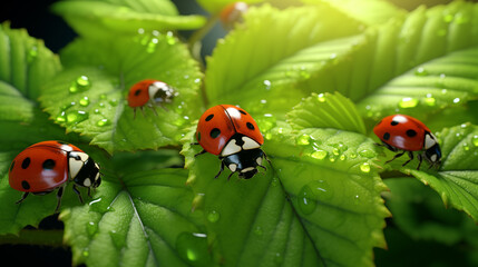 Fototapeta premium Ladybug on a leaf with dew drops