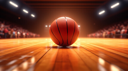 An orange basketball ball on a competitive basketball court. - Powered by Adobe