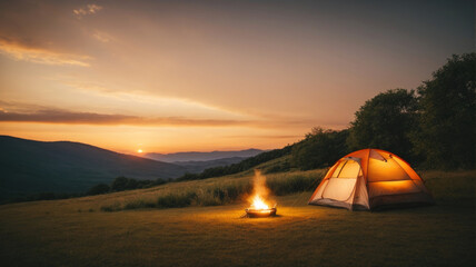 camping in the mountains at sunset