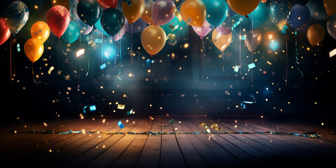 Festive Frenzy: Vibrant Party Background with Dazzling Lights, Confetti Cascade, Balloons, and Spiraling Serpentine Delight. - obrazy, fototapety, plakaty