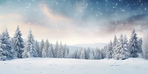 Fototapeten Winter landscape with snow and fir trees as vintage christmas wallpaper © Teerasak