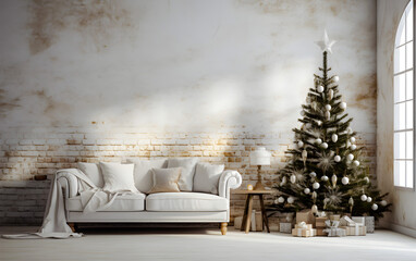 Living room christmas interior in modern style. Christmas tree with gift boxes. White sofa on wall mockup.