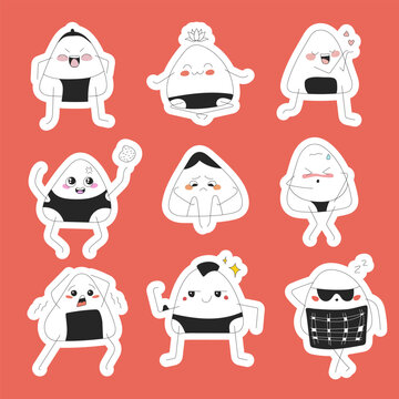 Nine stickers of cute onigiri in nori bikini with different emotions on a pink background