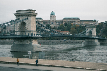 View of the Széchenyi Chain Bridge and Buda Castle, Budapest, Hungary