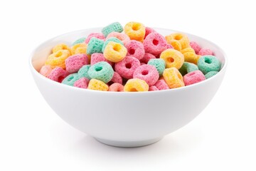 Multicolored cereals in a bowl on white background