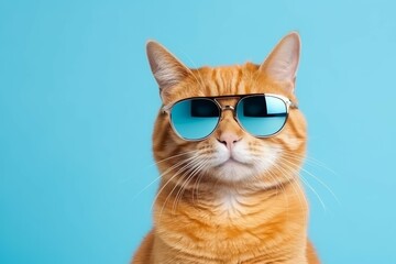 Funny cat wearing sunglasses isolated on light cyan