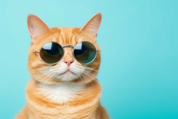 Funny cat wearing sunglasses isolated on light cyan