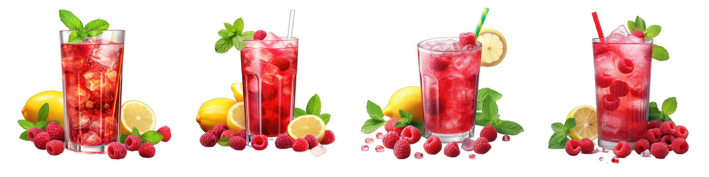 Raspberry lemonade with fresh raspberries and mint  Hyperrealistic Highly Detailed Isolated On Transparent Background Png File