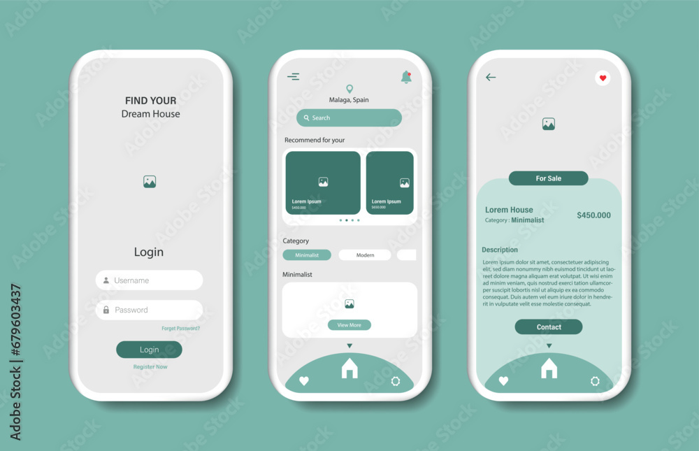 Poster buy real estate properties via online for mobile app. graphical user interface for responsive mobile
