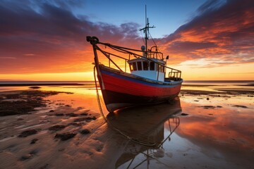 Fishing boat anchored during low tide with sunset in the background