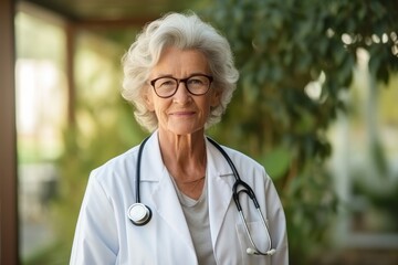 Portrait of an elderly female doctor, smiling, one thumb up, wearing a stethoscope