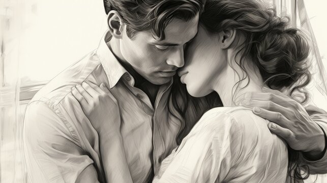 book novel cover, hand sketch in black and white of man and woman hugging, closeup