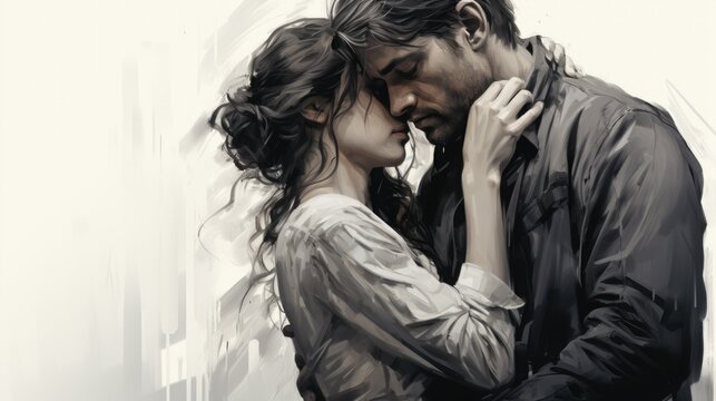 book novel cover, hand sketch in black and white of man and woman hugging, copy space