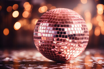 Obraz premium golden, pink disco ball shines and glows. party and celebration in the club. lights and bokeh on the background.