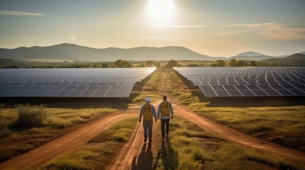 Back view of two technician walking for inspecting operation efficiency of solar panel energy production field solar farm in countryside area with sunset. Sustainable energy production technology. - obrazy, fototapety, plakaty