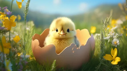 Fotobehang Easter yellow chicken in an eggshell on the background of spring nature. Generative AI © Артур Комис