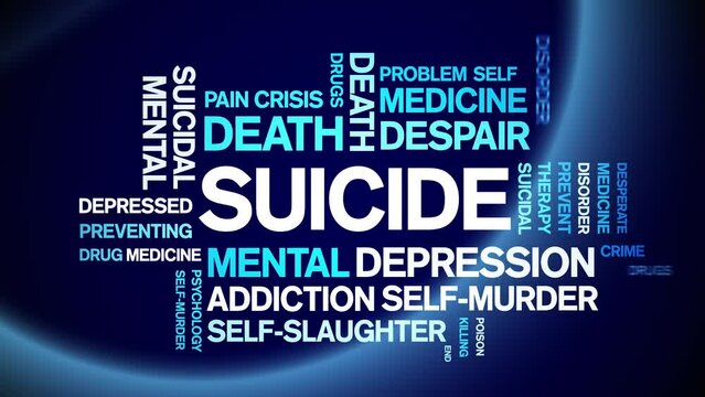Suicide animated tag word cloud;text design animation kinetic typography seamless loop.