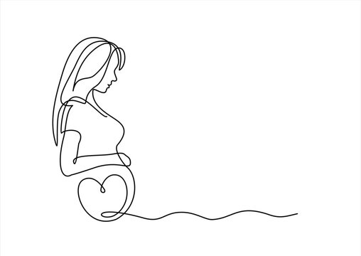 Continuous line drawing of a pregnant woman. One line drawing of a pregnant woman. Pregnant belly. Minimalist contour illustration of a happy mother.
