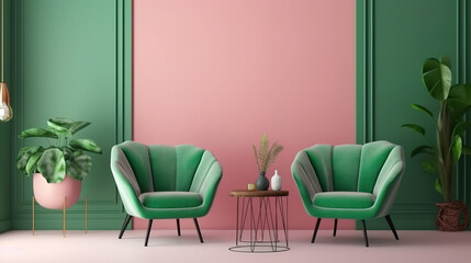 A living room with a pink couch and a zebra print rug. Generative Ai