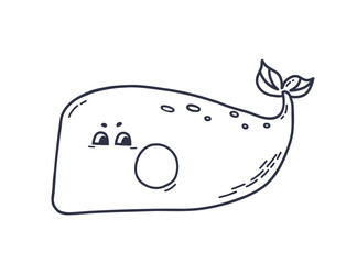 Big Whale in doodle style. Hand drawn sea animal line art. Vector illustration for childrens stickers, postcard and coloring book