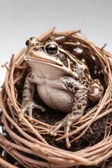 A cute toad in a nest of twigs.