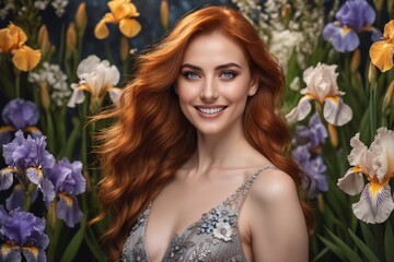 Fototapeta premium Blütenpracht der grünen Insel: Fashion Shooting mit schöner irischer Frau in blumigem Kleid vor vielfältigem Blütenhintergrund.