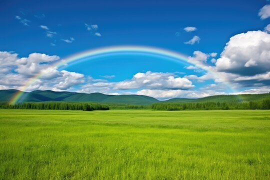 circular rainbow captured above a lush green field