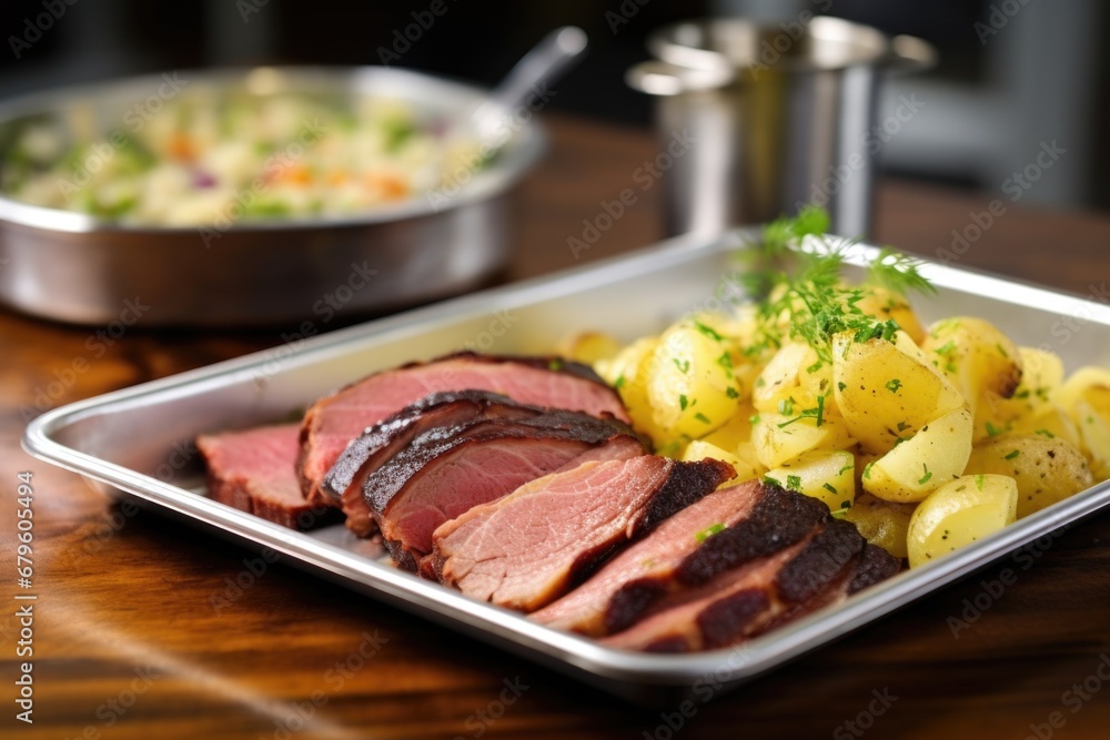 Poster sliced smoked beef brisket on a metal tray with a side of potato salad