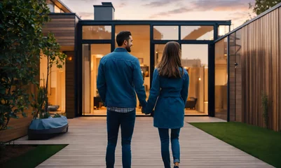 Fotobehang back rear view of young couple embracing, gazing at contemporary futuristic modern home, transparent house. family standing, hugging together looking in front of house to start new life. real estate © Maxim Chuev