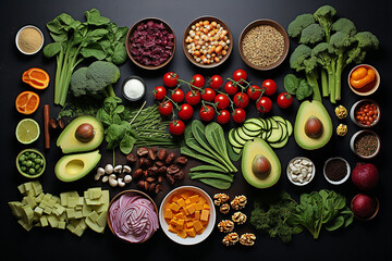 Lebensmittel
 knolling. Gesunde natürliche Bio-Lebensmittel. Frisches Gemüse. 
 knolling Zusammensetzung. Flat Lay Ansicht von Lebensmitteln