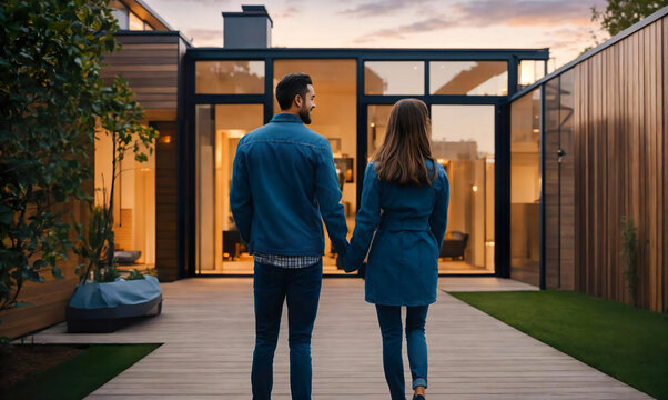 back rear view of young couple embracing, gazing at contemporary futuristic modern home, transparent house. family standing, hugging together looking in front of house to start new life. real estate