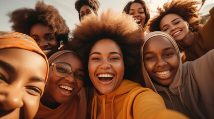 group of happy multiethnic female friends taking a selfie photo.