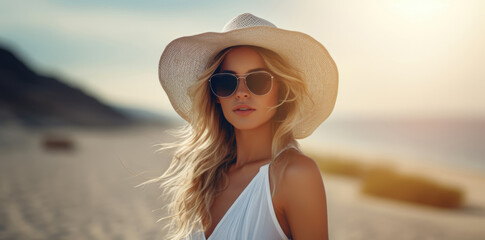 beautiful young woman with in hat and sunglasses at on the beach looking at the camera