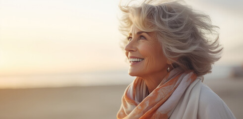 Smiling mature woman at the beach,