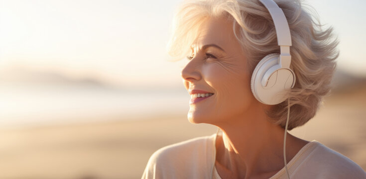 Smiling mature woman with headphones listening the music at the beach