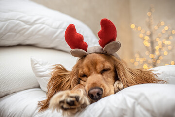 Dog wearing reindeer antlers headband sits in a pile of blankets and pillows against the background...