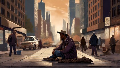 Homelessness in a big american city - obrazy, fototapety, plakaty
