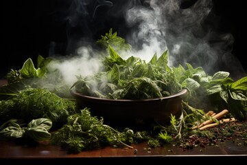 a variety of fresh herbs and spices in a large terracotta bowl on a dark background with smoke. - obrazy, fototapety, plakaty