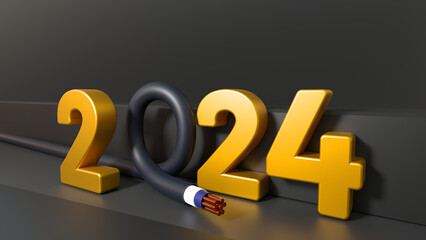 New Year 2024 banner. Telecommunication, electrical engineering concept. Featuring copper wire and text on dark background. - obrazy, fototapety, plakaty